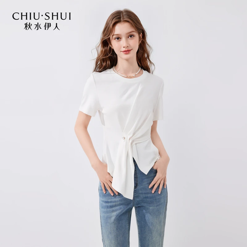 【直播】秋水伊人不规则收腰圆领T恤夏季新款女百搭小个子显0074