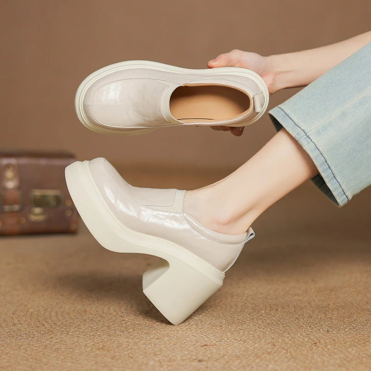 羊皮10cm春秋季新款超高跟小个子增高厚底乐福鞋白色粗跟小皮鞋女