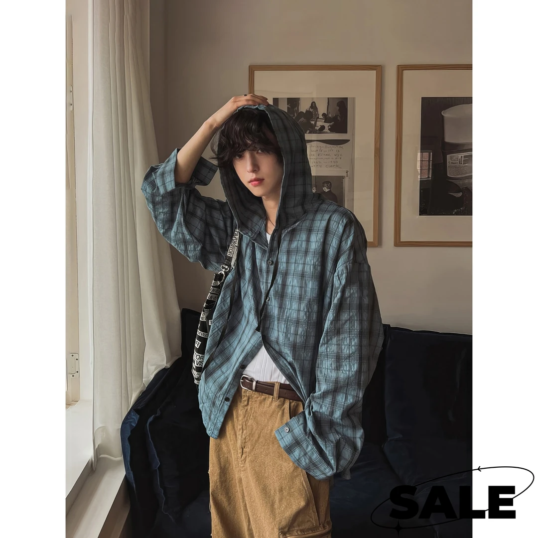 韩版格纹连帽衬衫长袖男女款欧若风春夏季慵懒风薄款大码防晒外套