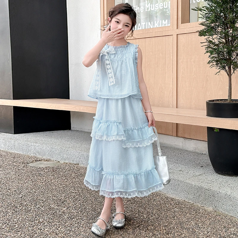 儿童连衣裙女童夏季套装2025新款无袖衬衫背心蛋糕半身裙两件套