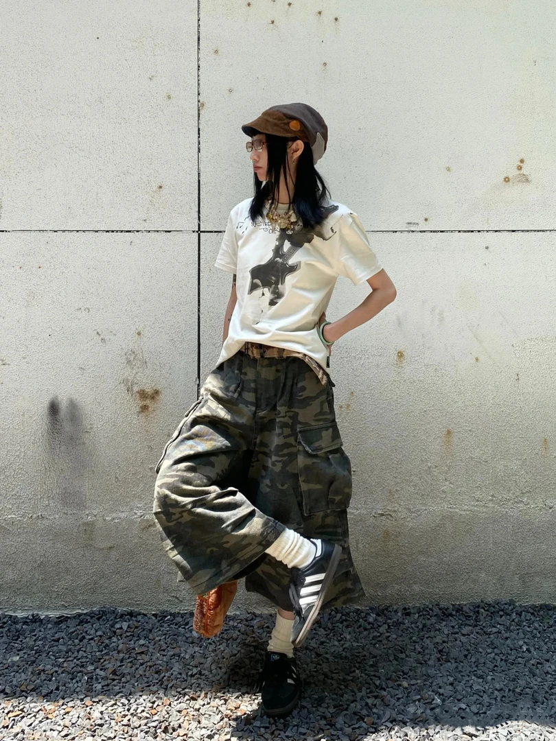 美式复古迷彩裤男女夏季薄款vibe中高腰七分裤潮牌伐木工装牛仔裤