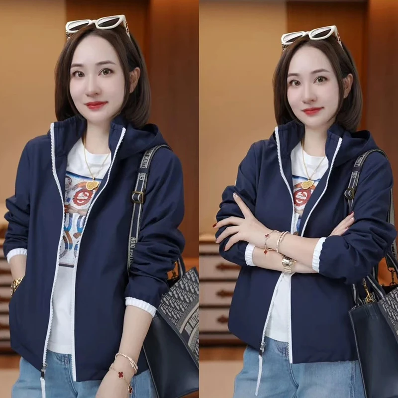 时尚休闲拼色连帽休闲冲锋衣女2025春季新款气质百搭立领拉链外套