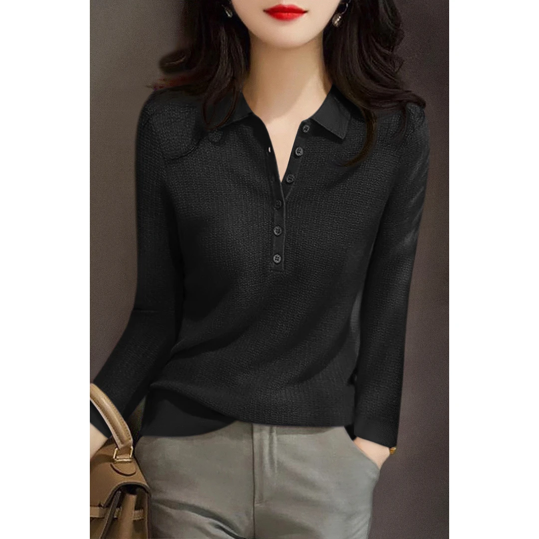简约款黑色纽扣半开领设计通勤百搭修身显瘦长袖打底上衣女