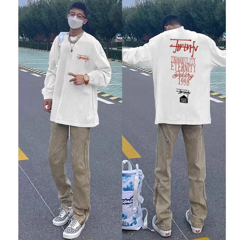 labzaa美式潮牌设计感字母印花长袖t恤男女秋季休闲宽松纯棉上衣