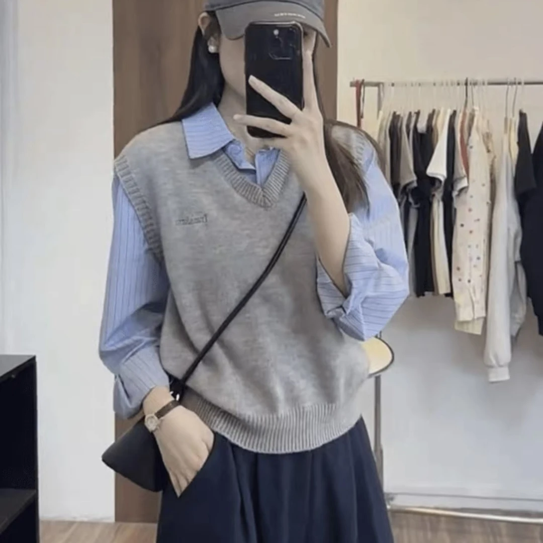 467-条纹衬衣拼接针织马甲假两件套秋冬新款毛衣