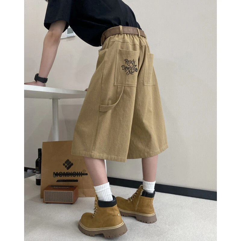 美式休闲七分裤男款夏季阔腿宽松直筒工装中裤子潮牌痞帅过膝短裤