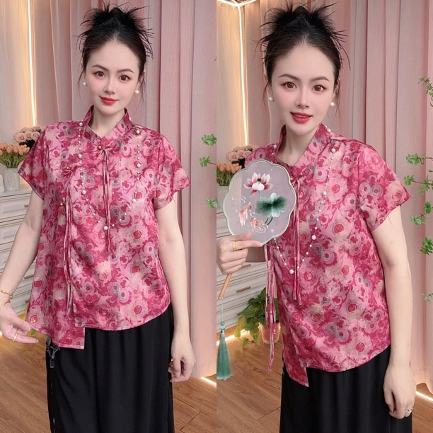 新中式1国风短袖立领斜开襟三盘扣气质提花上衣洋气显瘦时尚宽松