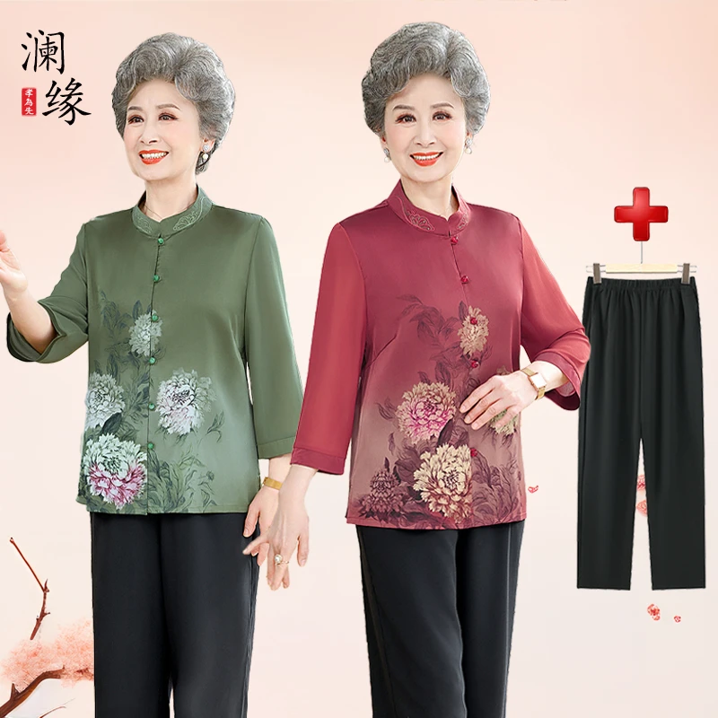 中老年人女装夏装七分中袖洋气小衬衫60岁70妈妈国风高贵上衣薄款