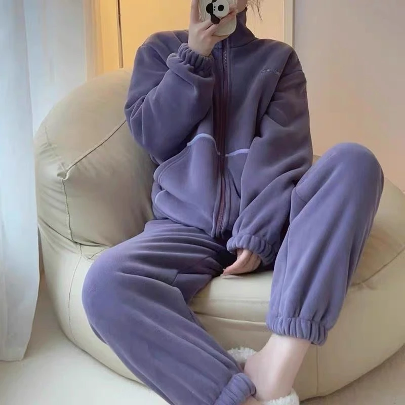 Z120拉链款立领加绒加厚奥粒绒两件套女秋冬季保暖简约休闲套装
