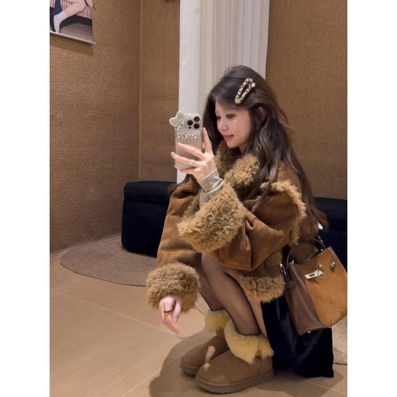 MARIE.COCO韩系设计感复古毛领夹克秋冬毛绒保暖外套潮流女装