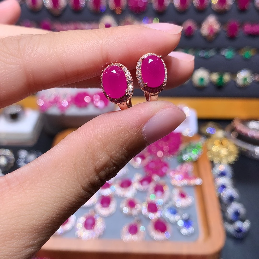 耳饰银S925镶嵌红宝石