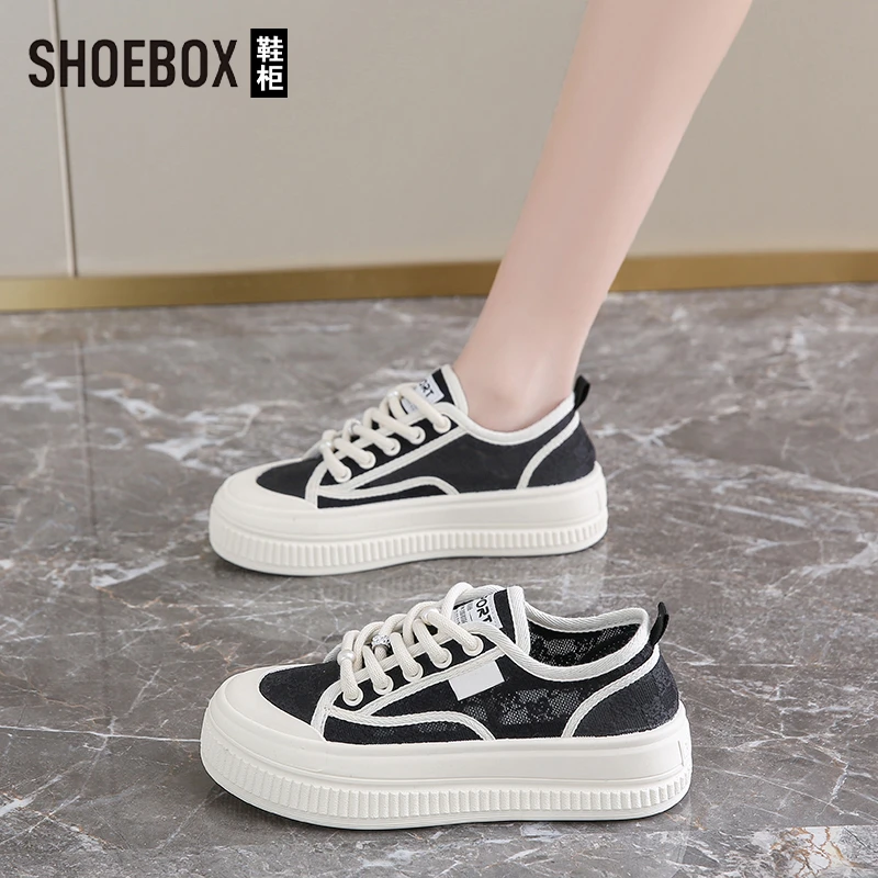 SHOEBOX鞋柜帆布鞋女夏2025新款蕾丝网面配裙子小白鞋厚底板鞋