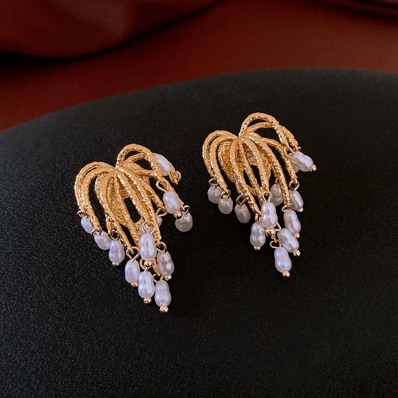 铜合金耳饰 银针烟花流苏珠珠耳环法式中古气质耳钉轻奢小众耳饰