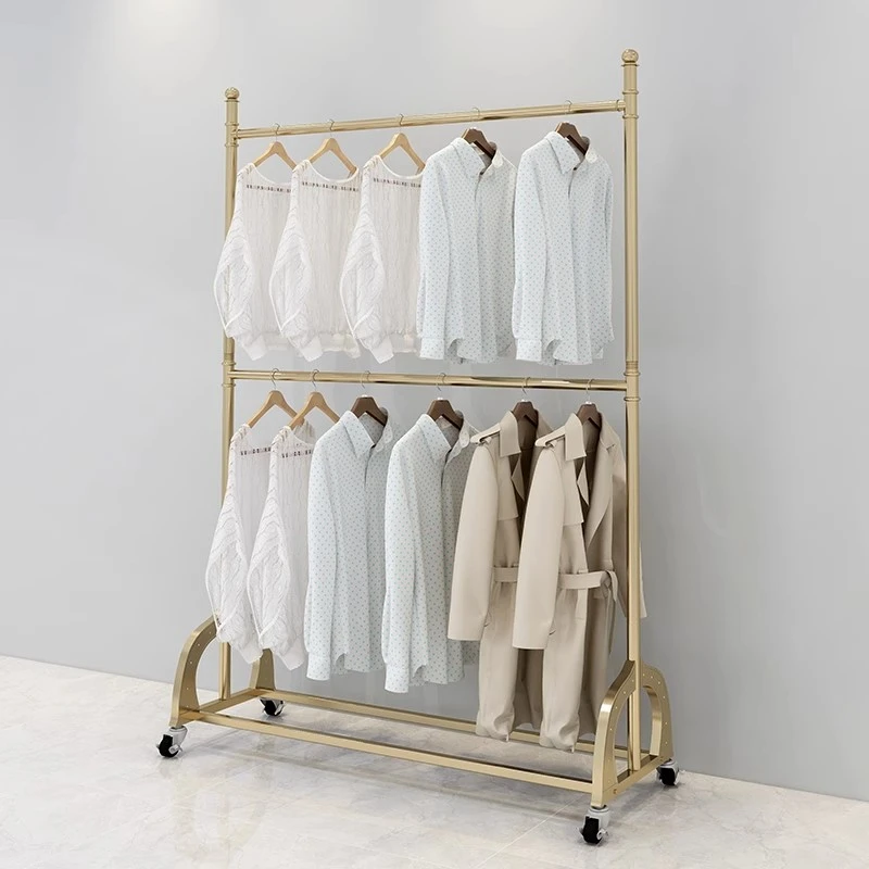 可移动带轮挂衣架服装店展示架双层杆卧室晾晒肉架落地婚纱龙门架