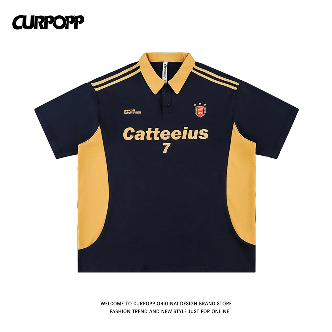 CURPOPP街头赛车风印花300g重磅翻领短袖夏季国潮拼色宽松POLO衫