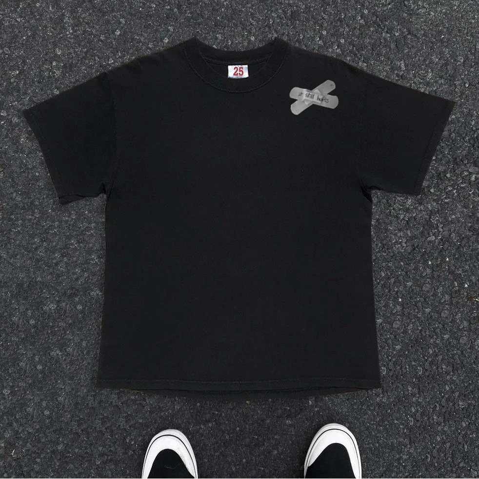 美式创可贴复古印花夏季230g重磅短袖T恤男ins潮牌设计感小领口