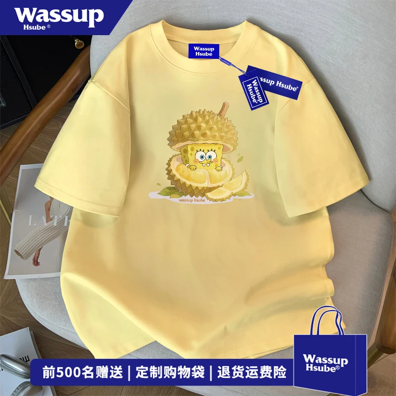 WASSUP HSUBE奶黄色T恤男女海绵宝宝印花日系卡通潮牌圆领上衣服