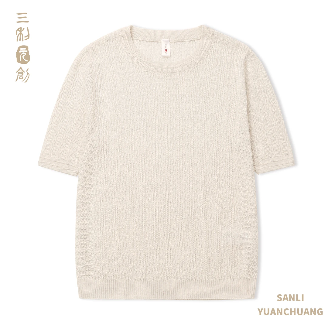 三利元创 云纹曲韵 休闲时尚桑蚕丝羊绒针织半袖百搭春夏6110