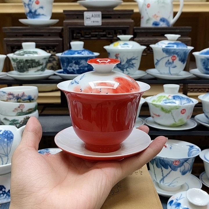 手绘龙船花盖碗160cc釉下彩微瑕福利款