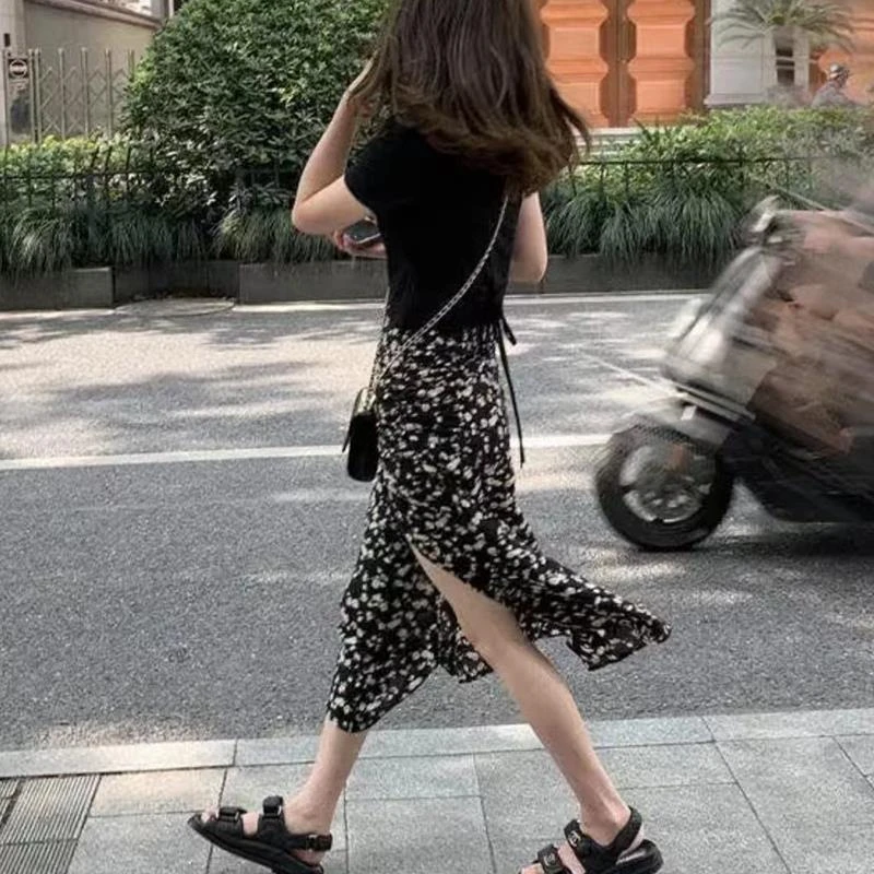 碎花裙半身裙女夏季小个子设计感中长款开叉裙子高腰显瘦a字裙女