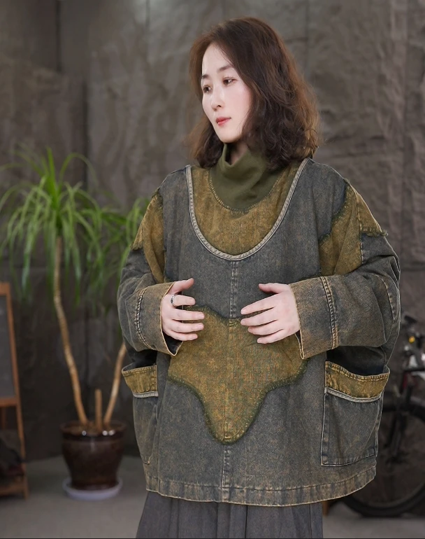 2025春季新款复古百搭炒色做旧水洗牛仔螺纹领双层上衣女