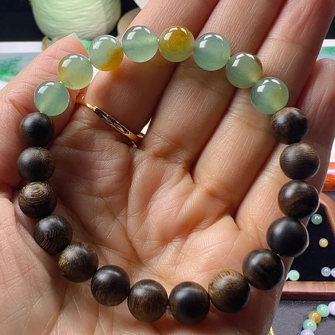 翡翠未镶嵌手链翡翠冰黄翡圆珠卡8-9