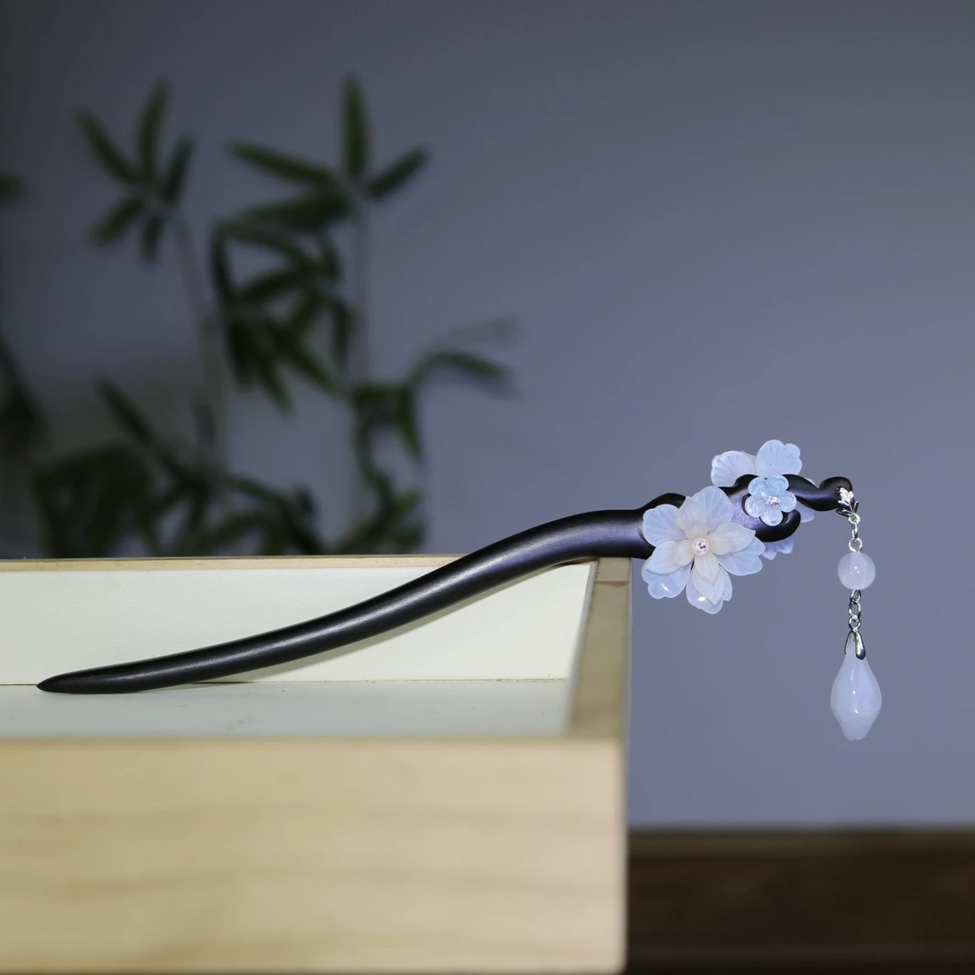 18厘米黑檀木发簪【语茉】新中式花朵流苏日常简约清新盘发头饰