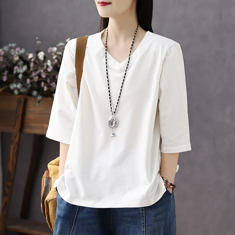 白色纯棉七分袖T恤女2025春夏新款休闲复古大码v领五分中袖上衣服
