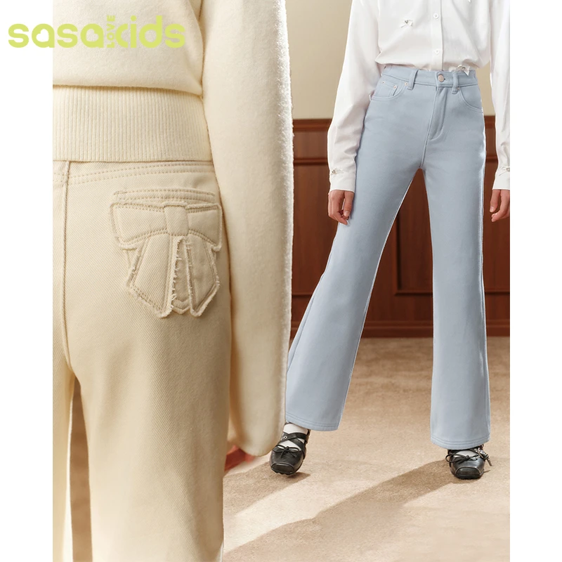 sasakids秋冬韩系加绒加厚蝴蝶结少女微喇休闲裤百搭牛仔裤女童