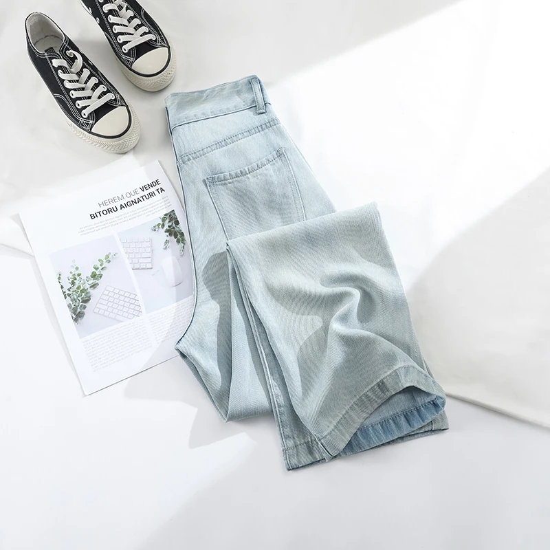 垂感冰丝阔腿拖地牛仔裤女2025年春款莱赛尔高腰双扣宽松直筒长裤