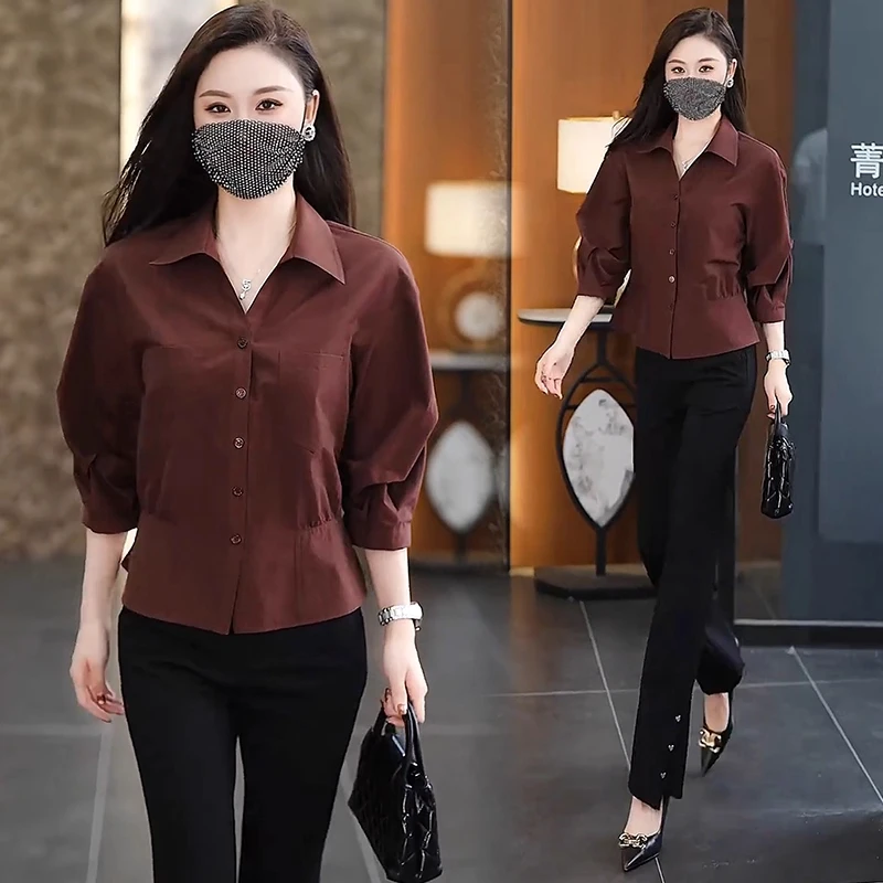 时尚洋气套装女2025夏秋季新款洋气显瘦长袖衬衫上衣微喇裤两件套