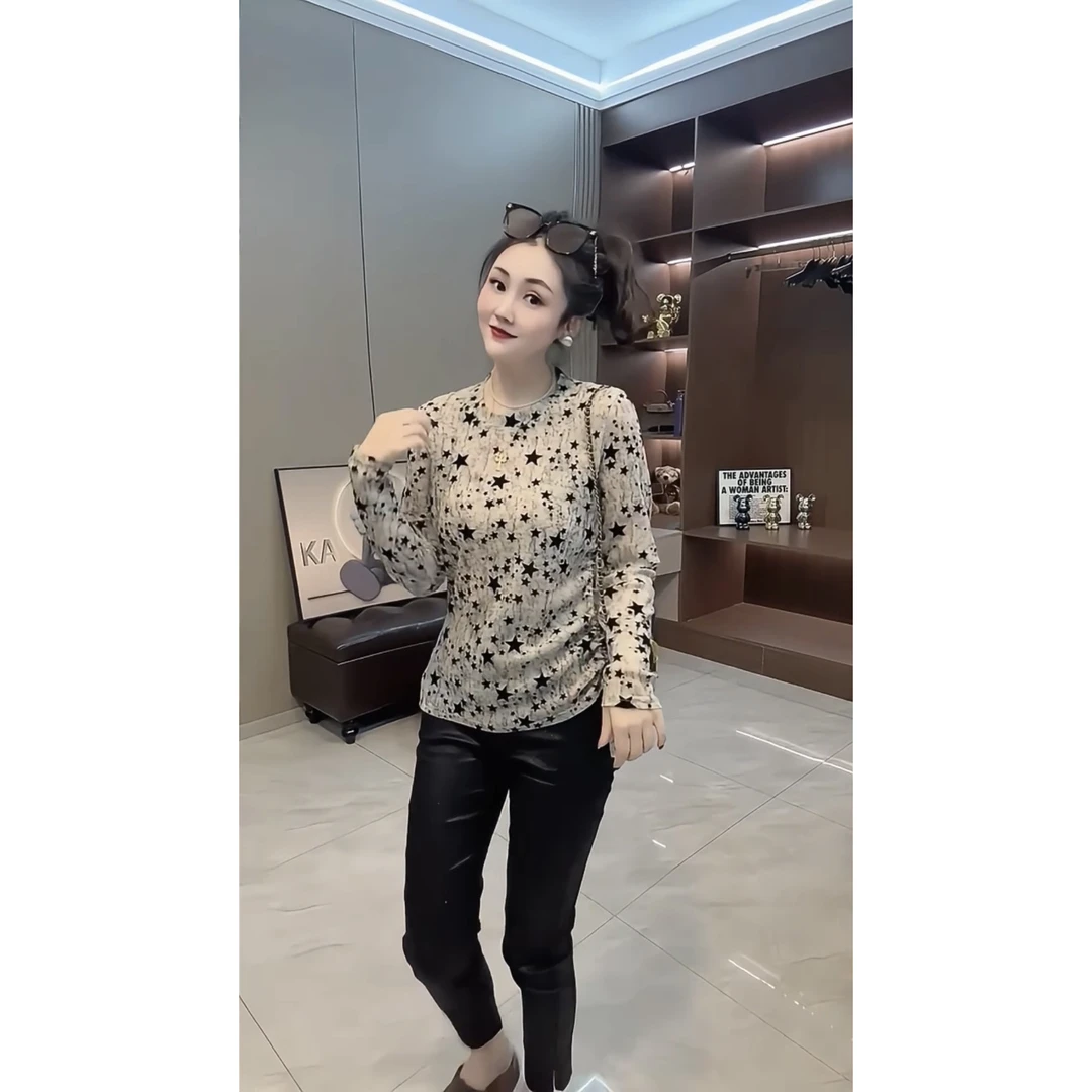 欧货圆领印花长袖T恤2025春秋新款设计感不规则抽绳显瘦内搭小衫t