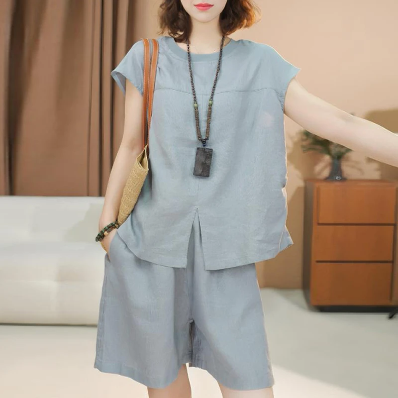 2025年新款套装夏季时尚潮流圆领百搭下摆开叉短袖两件套