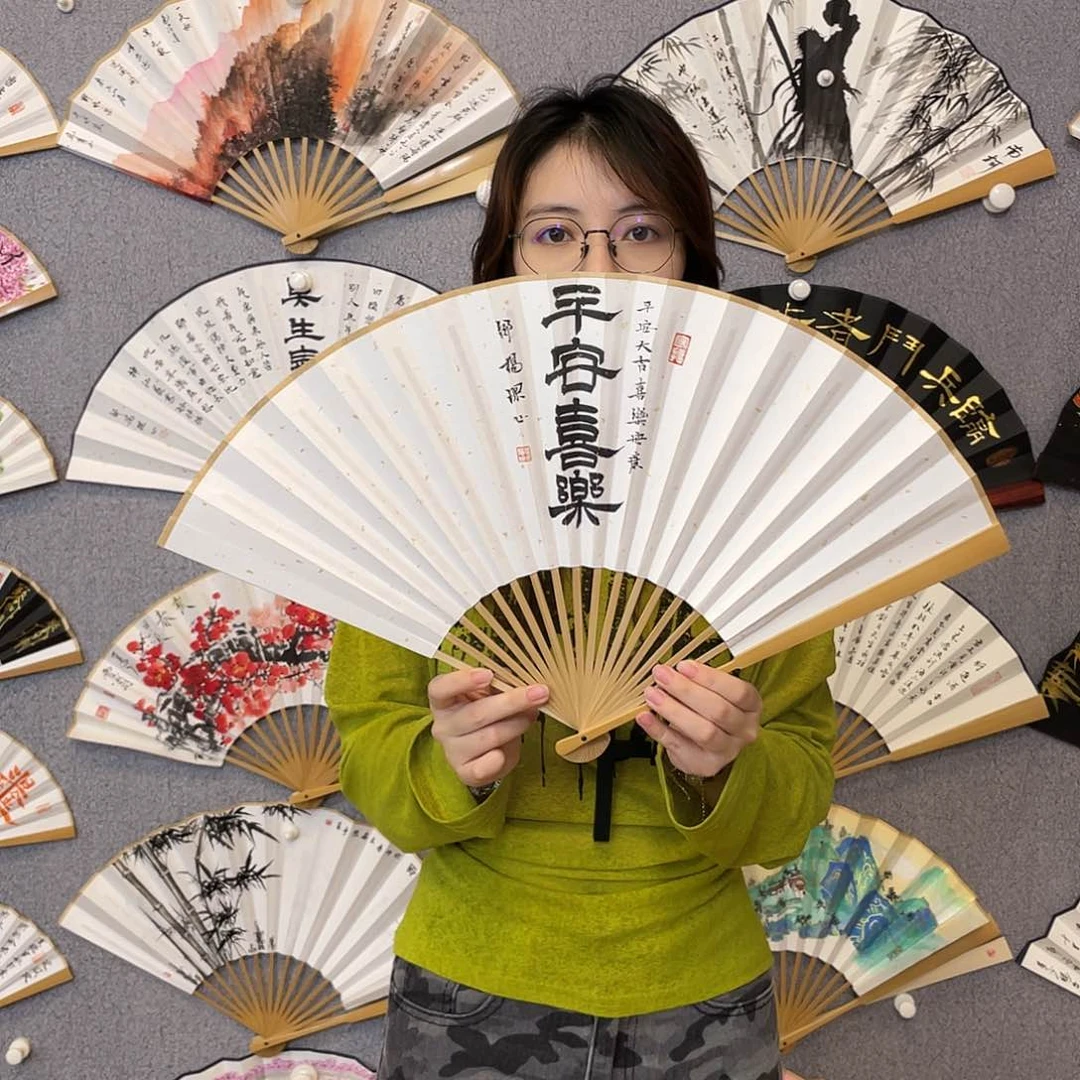 书法95寸玉竹-纯手绘-文玩扇骨（默认粘好）