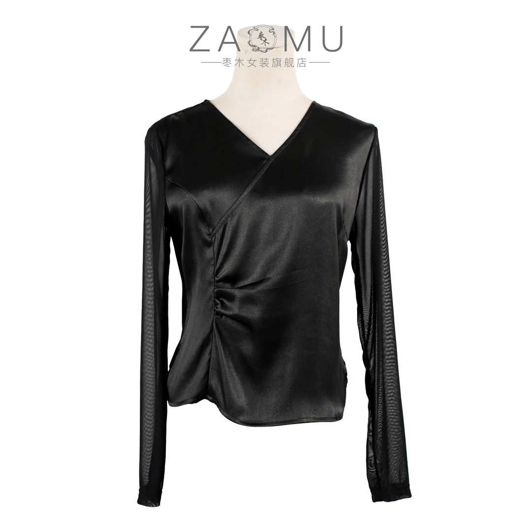 枣木2025新款桑蚕丝宽松型纯色长袖内搭黑色修身百搭高级显瘦