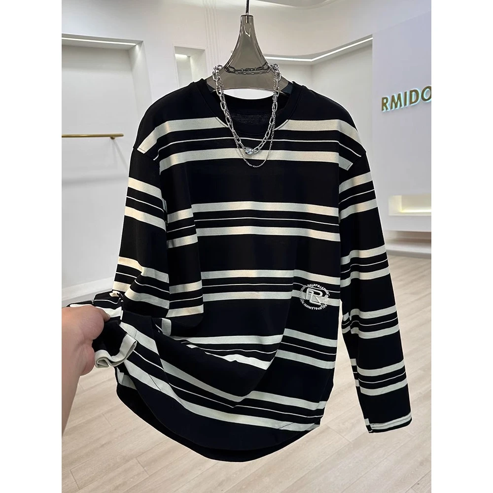 【胖妹妹】大码240斤欧货高级感条纹长袖t恤女宽松中长款打底上衣潮