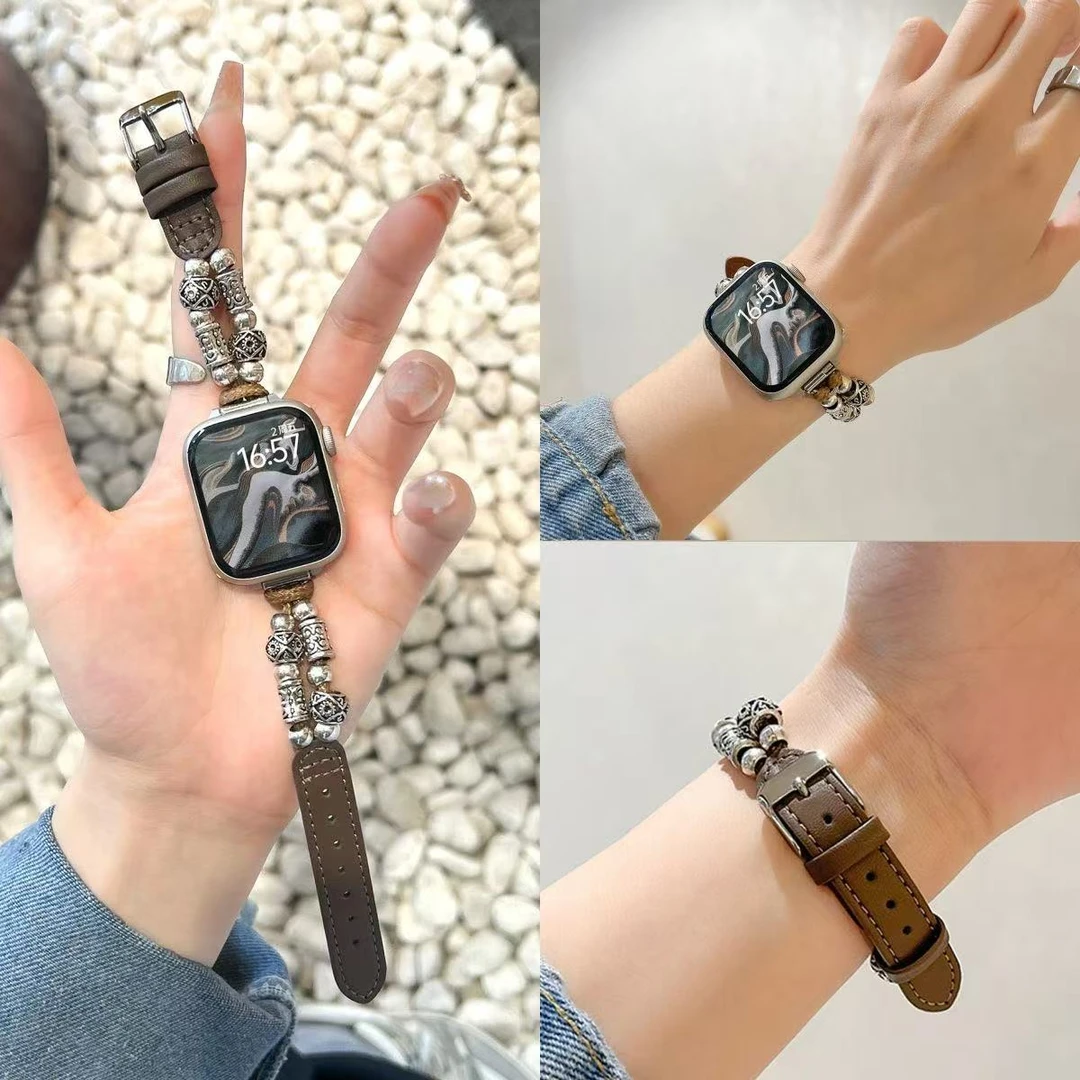 适用AppleWatch表带s10小众民族风苹果iwatch98765se链条拼皮个性