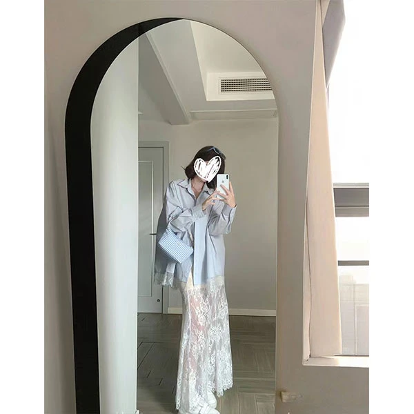 【冰岛慕斯】超绝仙女蕾丝下摆蓝色显瘦衬衣蕾丝美背+半裙套装 8015