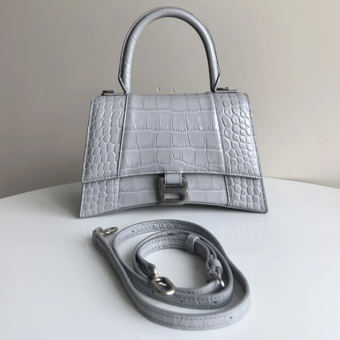 99新 Balenciaga/巴黎世家 雾霾蓝银扣鳄鱼压纹漏包s码