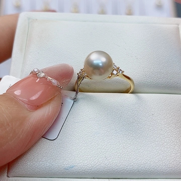 海水珍珠戒指银S925镶嵌羽黄金8-9mm