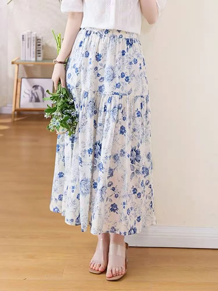 水墨画【林林专属】2025夏法式印花松紧腰全棉半身裙2591