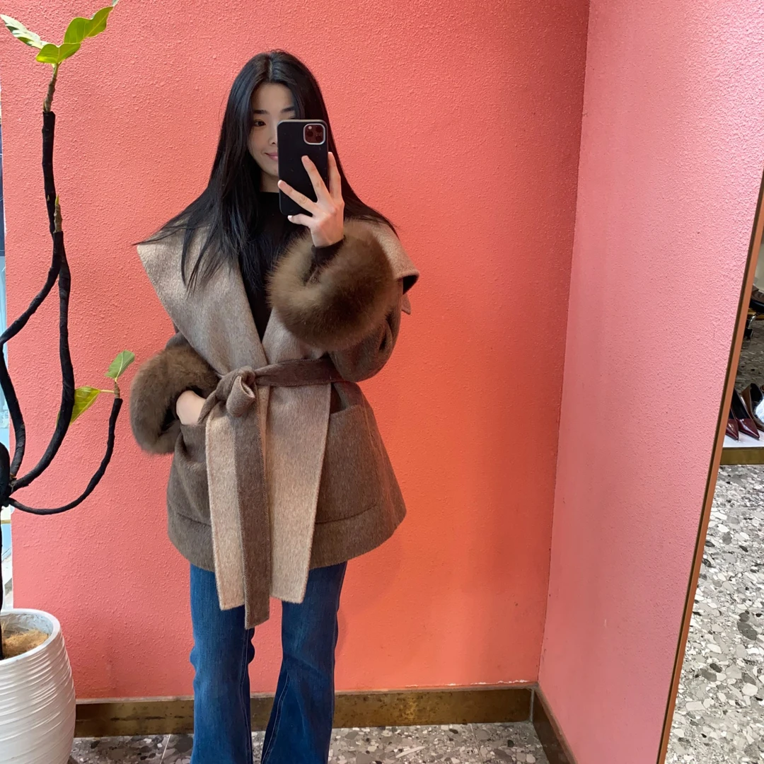 （默茗服装）咖色双面穿系带大衣
