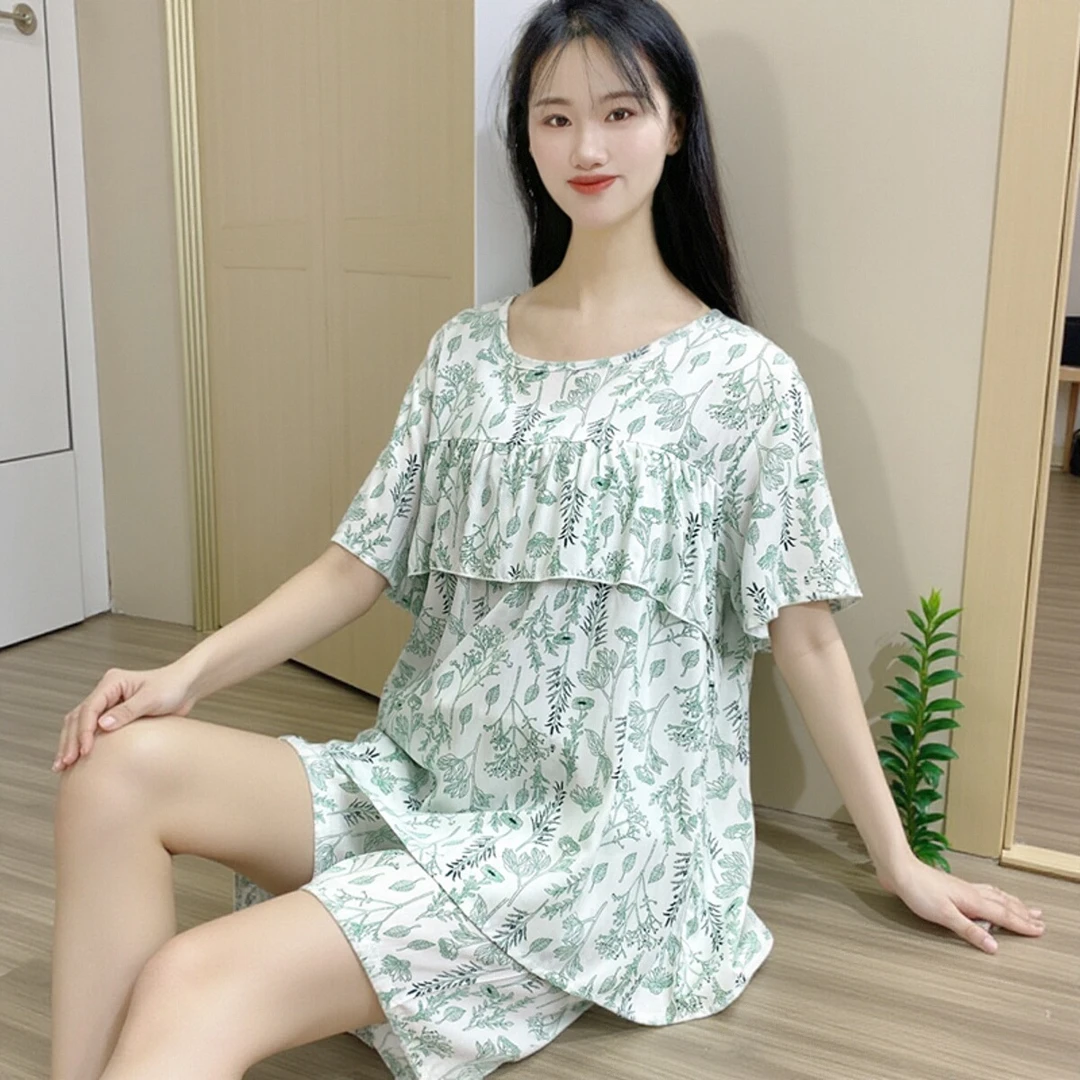 【短袖防凸点套装】棉绸薄款睡衣女夏不带胸垫可外出家居服套装Y116