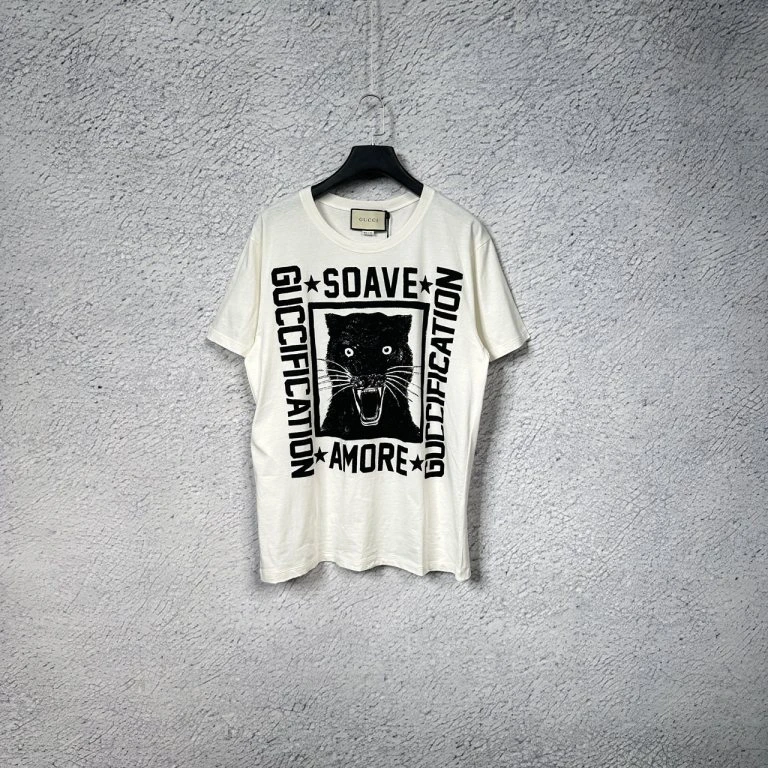 99新 GUCCI/古驰 米白色黑豹头印花圆领短袖  M码