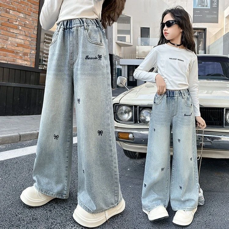 女童初中牛仔阔腿裤裤子春秋新款洋气中大童宽松女孩女童秋款套装
