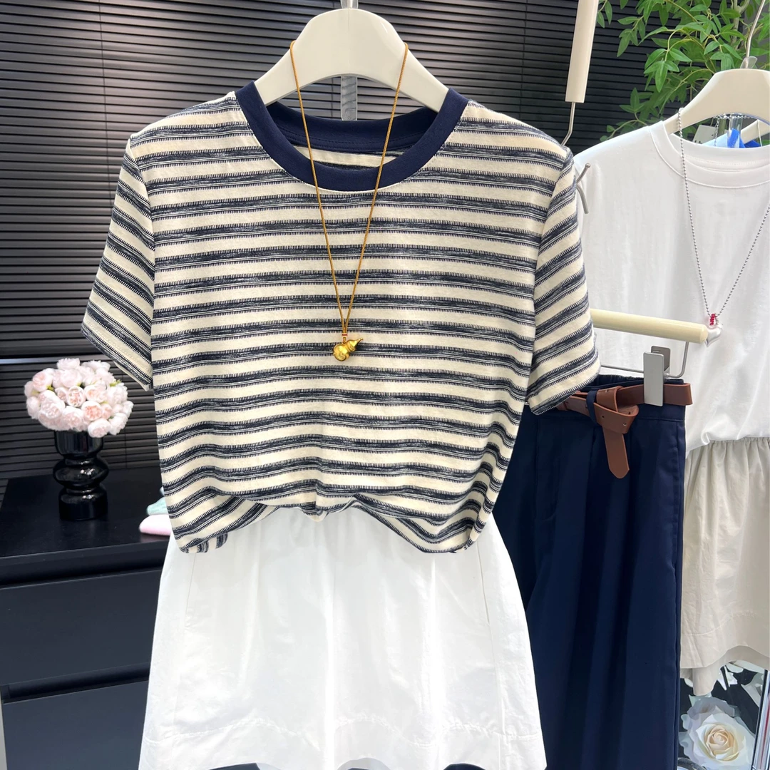 夏季新款圆领T恤宽松型轻职风韩版高腰条纹短袖夏装