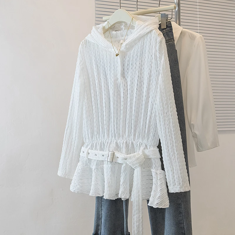 设计感镂空蕾丝荷叶边长袖T恤2025春季新款百搭显瘦连帽上衣女ins