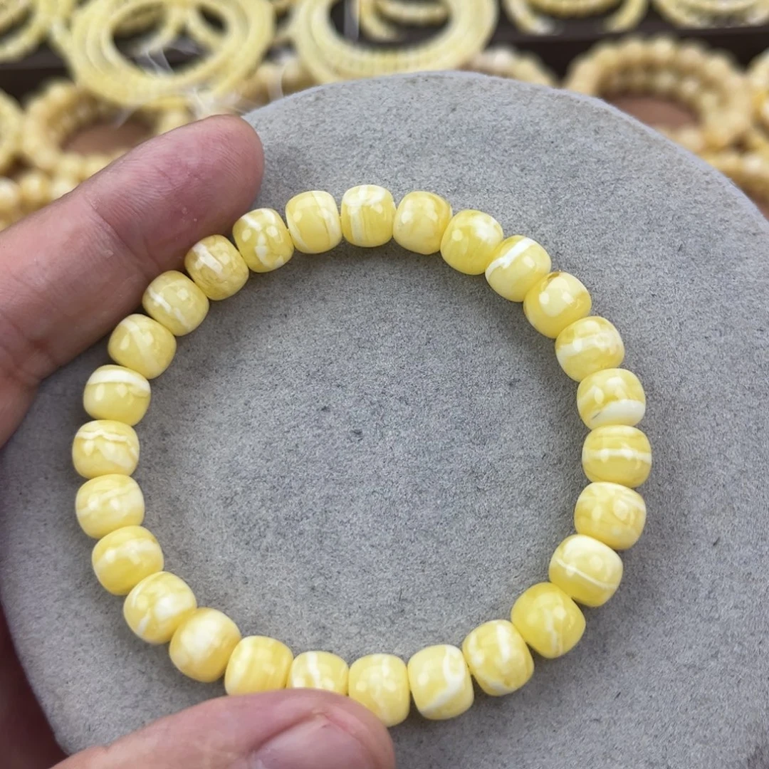 蜜蜡未镶嵌手链纯天然俄料瓷白花虎皮8.8腕口18+