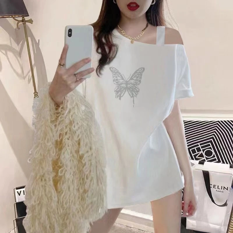 港风中长款斜肩短袖t恤女2025夏季新款设计感一字肩爆款上衣体恤