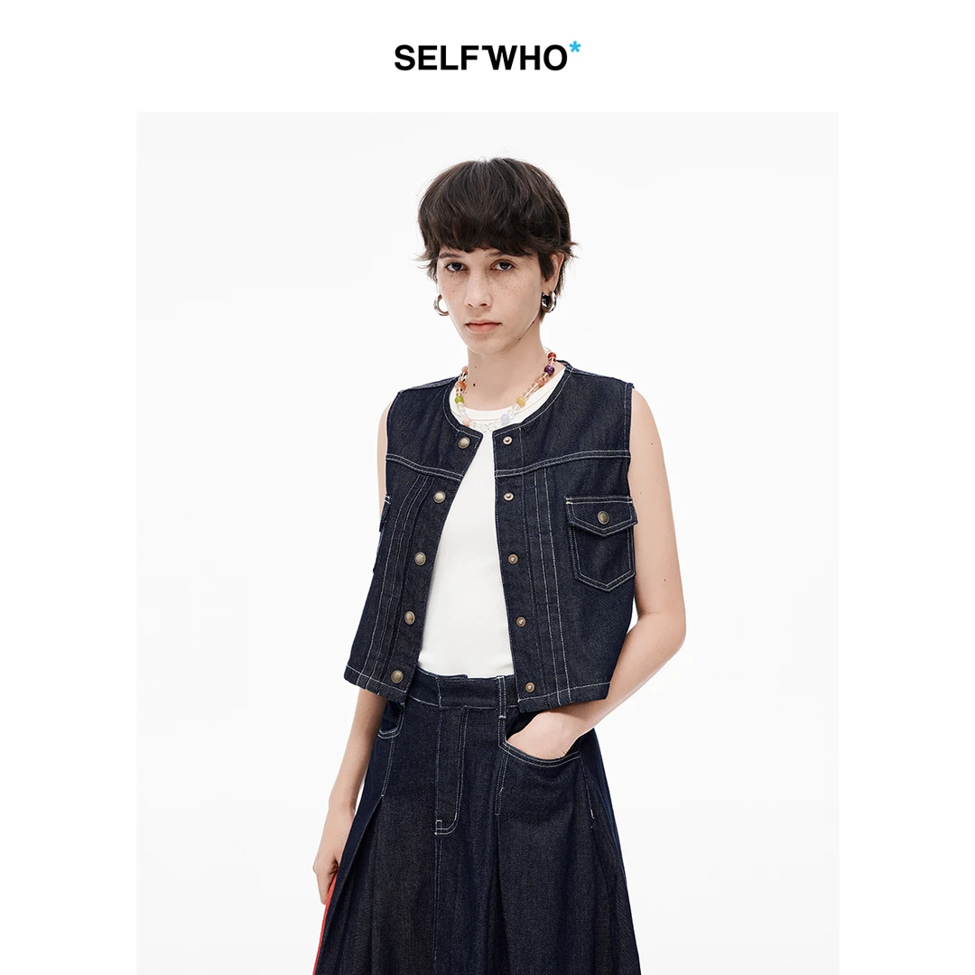 SELFWHO棉莱赛尔混纺复古牛仔马甲圆领无袖短外套